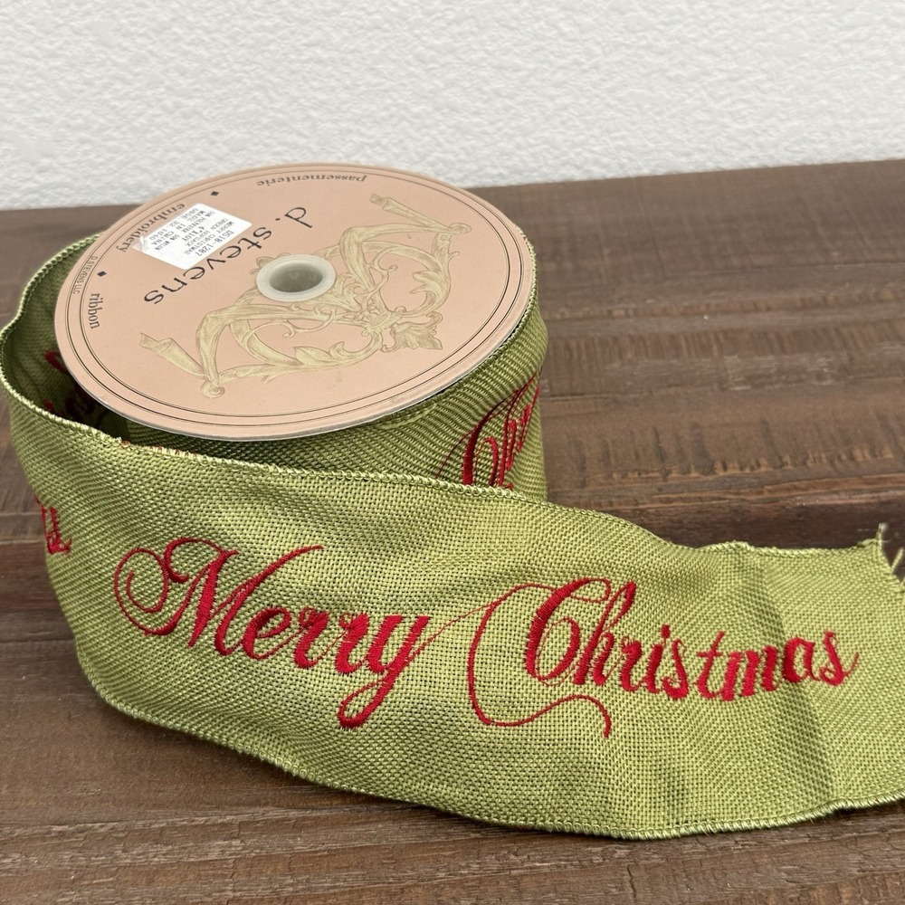 D Stevens Red Embroidered Merry Christmas Green Hopsack 4" x 10 yds Wired Ribbon